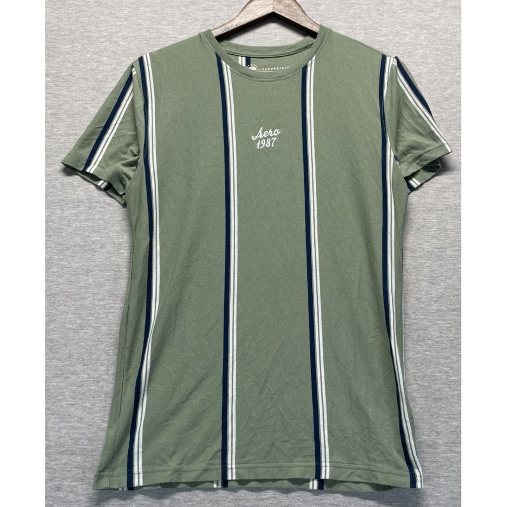 Aéropostale T-Shirt Mens Small Olive Green Vertical Striped Everyday Crew Neck